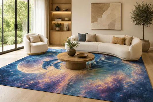 ICE ARMOR 6'7" x 9'10" Navy Blue, Violet and Peach Cosmic Dolphin Area Rug for Living Room, Soft Low Pile Carpet with Non-Slip Backing for Bedroom, Dining Room and Home Office