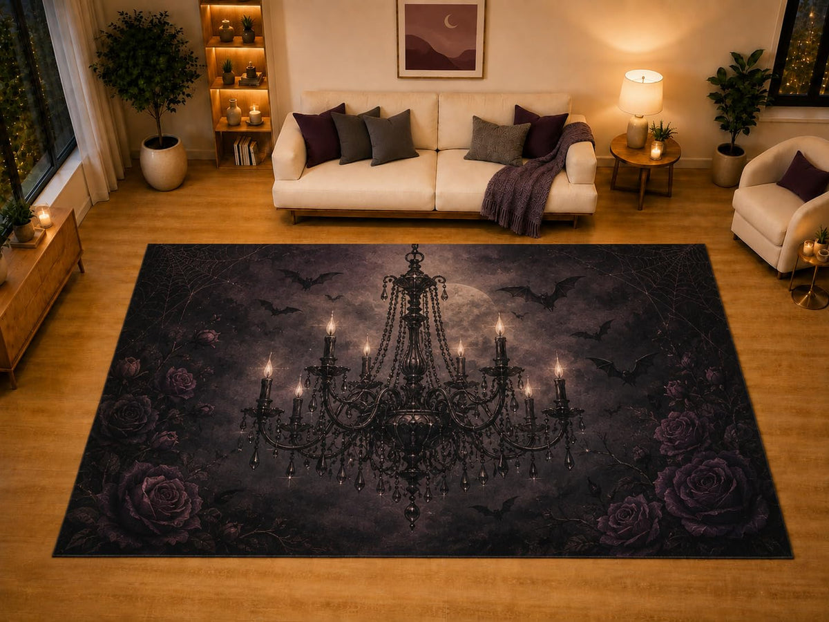 ICE ARMOR "Ultra Light Weight Large 6'7" x 9'10" Gothic Chandelier Full Moon Rose Area Rug for Living Room Bedroom, Soft Low Pile Non-Slip Backing, Black Purple Victorian Halloween Decor