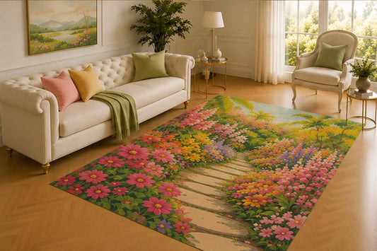 ICE ARMOR 5' x 7' Tropical Garden Path Rug, Colorful Flowers and Palm Trees Along a Sunlit Walkway, Vibrant Decor for Living Room, Bedroom, Sunroom or Entryway