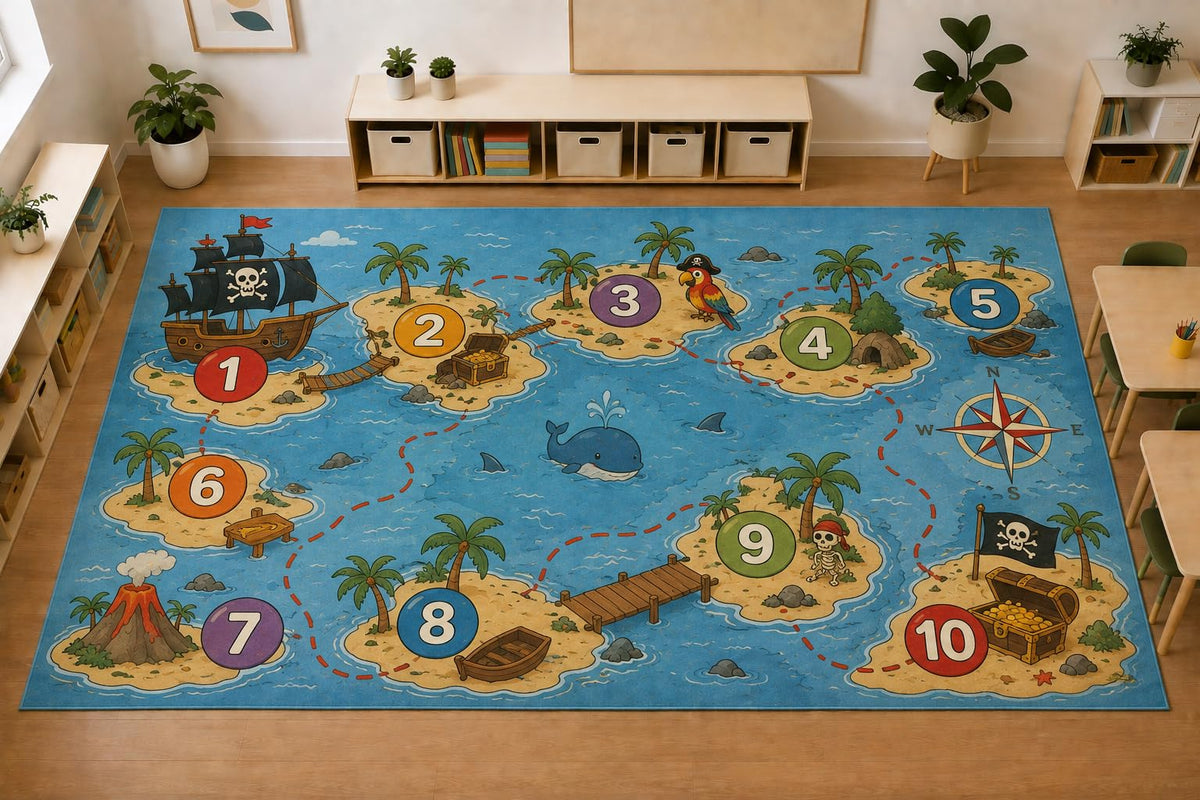 ICE ARMOR Large 6'7" x 9'10" Pirate Treasure Map Area Rug, Soft Low Pile Indoor Rug with Non-Slip Silicone Backing for Kids Room, Playroom, Blue