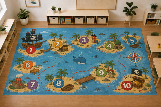 ICE ARMOR Large 6'7" x 9'10" Pirate Treasure Map Area Rug, Soft Low Pile Indoor Rug with Non-Slip Silicone Backing for Kids Room, Playroom, Blue