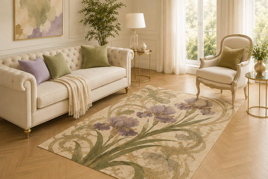 ICE ARMOR 5' x 7' Vintage Iris Botanical Area Rug for Living Room, Soft Low Pile Indoor Carpet with Non-Slip Backing for Bedroom, Dining Room, Office, Purple