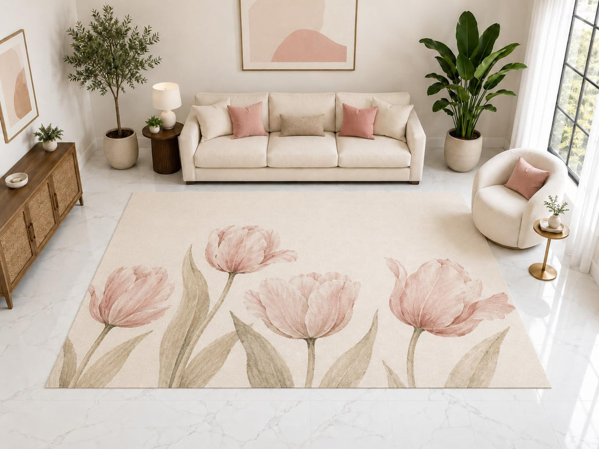 ICE ARMOR "Ultra Light Weight Large 6'7" x 9'10" Pink Tulip Floral Rug, Soft Low Pile Indoor Rug, Non-Slip Silicone Backing for Bedroom Pink Cream