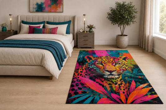 ICE ARMOR "Ultra Light Weight 5' x 7' Colorful Jungle Leopard Area Rug for Living Room, Bedroom and Home Office, Soft Low Pile Carpet with Non-Slip Silicone Backing, Pink and Teal