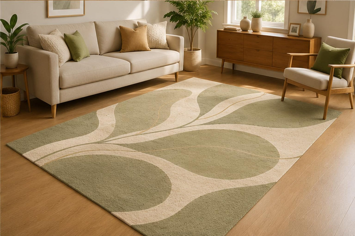 ICE ARMOR 5' x 7' Sage Geometric Wave Area Rug for Living Room, Soft Low Pile Indoor Rug with Non-Slip Silicone Backing, Contemporary Carpet for Bedroom, Dining Room, Office, Sage Green Beige