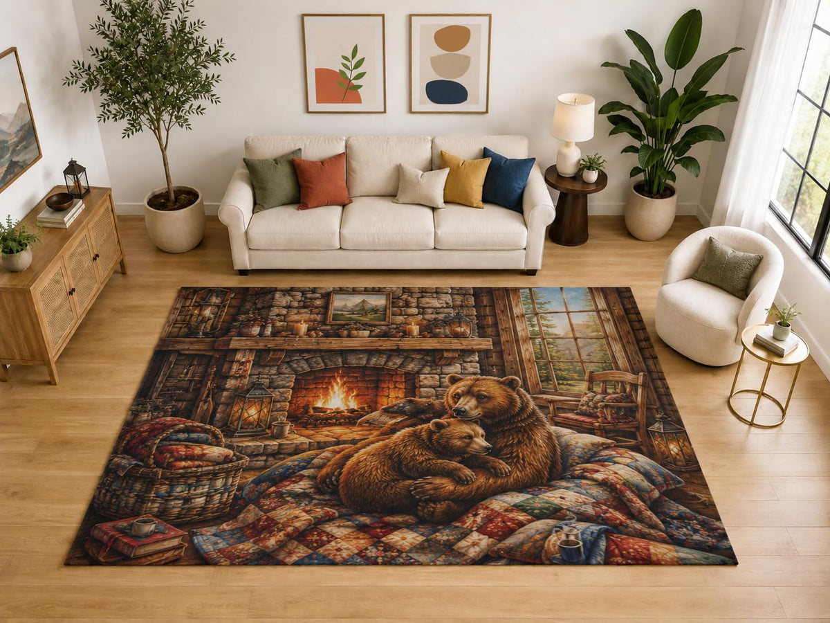 ICE ARMOR "Ultra Light Weight Large 6'7" x 9'10" Bear Fireplace Quilt Rug, Soft Low Pile Indoor Rug, Non-Slip Silicone Backing for Family Room Brown