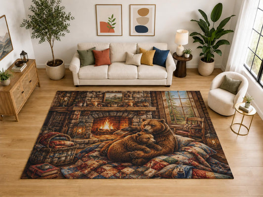 ICE ARMOR "Ultra Light Weight Large 6'7" x 9'10" Bear Fireplace Quilt Rug, Soft Low Pile Indoor Rug, Non-Slip Silicone Backing for Family Room Brown