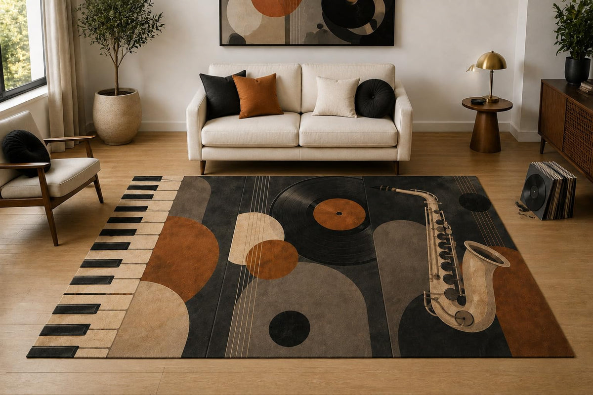 ICE ARMOR "Ultra Light Weight 5' x 7' Jazz Shapes Area Rug for Living Room, Bedroom and Home Office, Soft Low Pile Carpet with Non-Slip Silicone Backing, Black and Terracotta