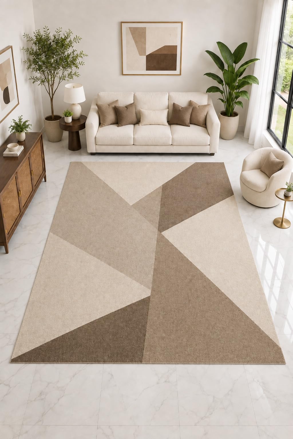 ICE ARMOR "Ultra Light Weight Large 6'7" x 9'10" Geometric Triangle Rug, Soft Low Pile Indoor Rug, Non-Slip Silicone Backing Living Room Taupe
