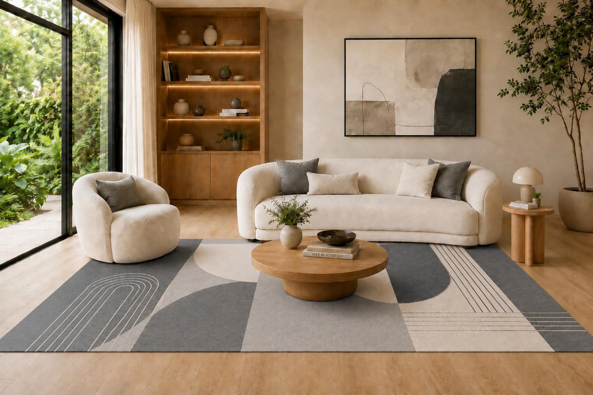 ICE ARMOR Large 6'7" x 9'10" Gray, Charcoal and Cream Arched Geometric Blocks Area Rug for Living Room, Soft Low Pile Carpet with Non-Slip Backing, Floor Decor for Bedroom and Home Office