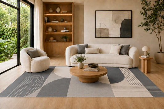 ICE ARMOR Large 6'7" x 9'10" Gray, Charcoal and Cream Arched Geometric Blocks Area Rug for Living Room, Soft Low Pile Carpet with Non-Slip Backing, Floor Decor for Bedroom and Home Office