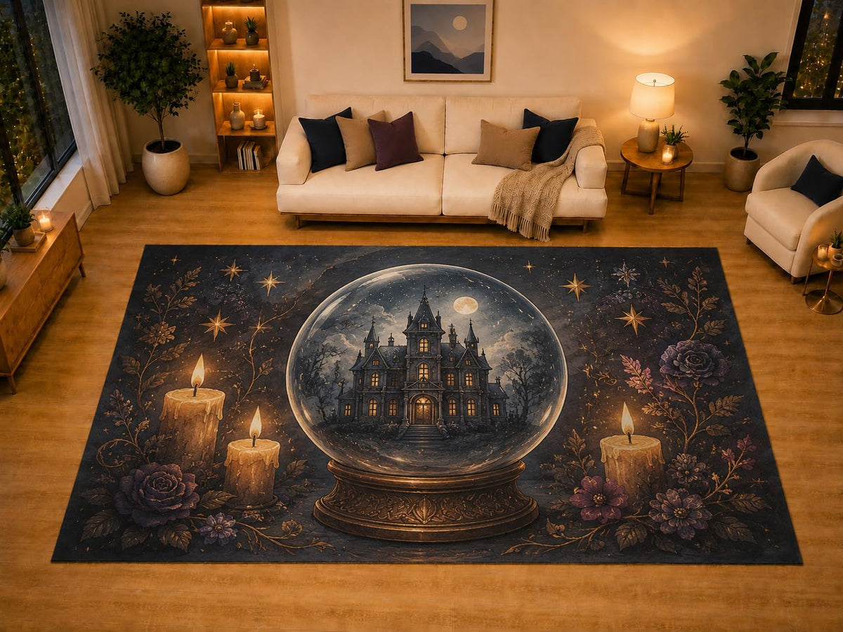 ICE ARMOR "Ultra Light Weight Large 6'7" x 9'10" Haunted House Crystal Ball Area Rug for Living Room Bedroom, Soft Low Pile Non-Slip Backing, Black Golden Candle Gothic Decor