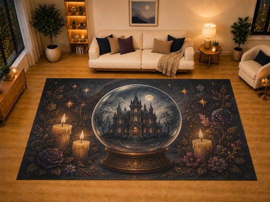 ICE ARMOR "Ultra Light Weight Large 6'7" x 9'10" Haunted House Crystal Ball Area Rug for Living Room Bedroom, Soft Low Pile Non-Slip Backing, Black Golden Candle Gothic Decor