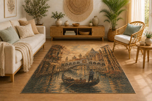 ICE ARMOR 5' x 7' Venice Canal Gondola Area Rug, Soft Low Pile Indoor Rug with Non-Slip Silicone Backing, Decorative Carpet for Living Room, Bedroom, Office