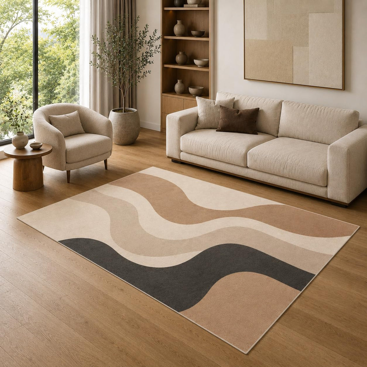 ICE ARMOR 5' x 7' Modern Abstract Wavy Stripe Area Rug for Living Room, Soft Low Pile Indoor Rug with Non-Slip Silicone Backing, Decorative Carpet for Bedroom, Office, Beige