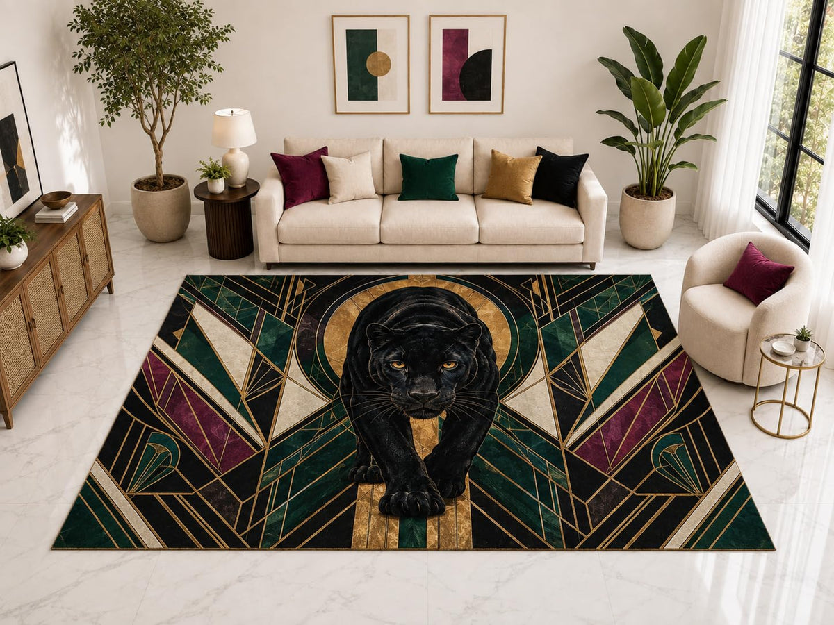 ICE ARMOR "Ultra Light Weight Large 6'7" x 9'10" Black Panther Art Deco Rug, Soft Low Pile Indoor Rug, Non-Slip Silicone Backing for Office, Green