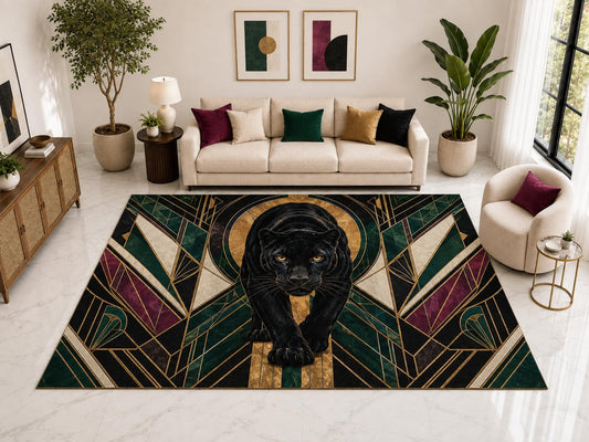 ICE ARMOR "Ultra Light Weight Large 6'7" x 9'10" Black Panther Art Deco Rug, Soft Low Pile Indoor Rug, Non-Slip Silicone Backing for Office, Green