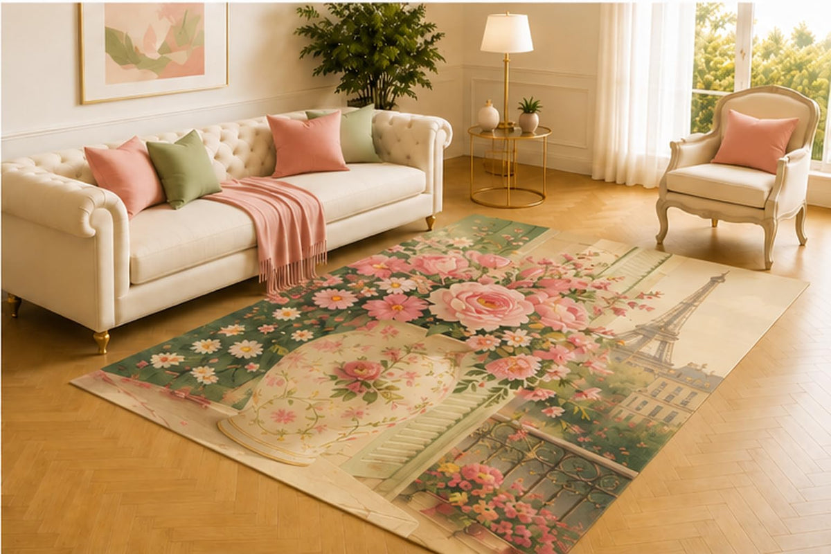 ICE ARMOR 5' x 7' Paris Rose Vase Rug, Pink Blooms with Eiffel Tower Balcony Scene, Romantic French Decor for Living Room, Bedroom, Dressing Area or Reading Nook