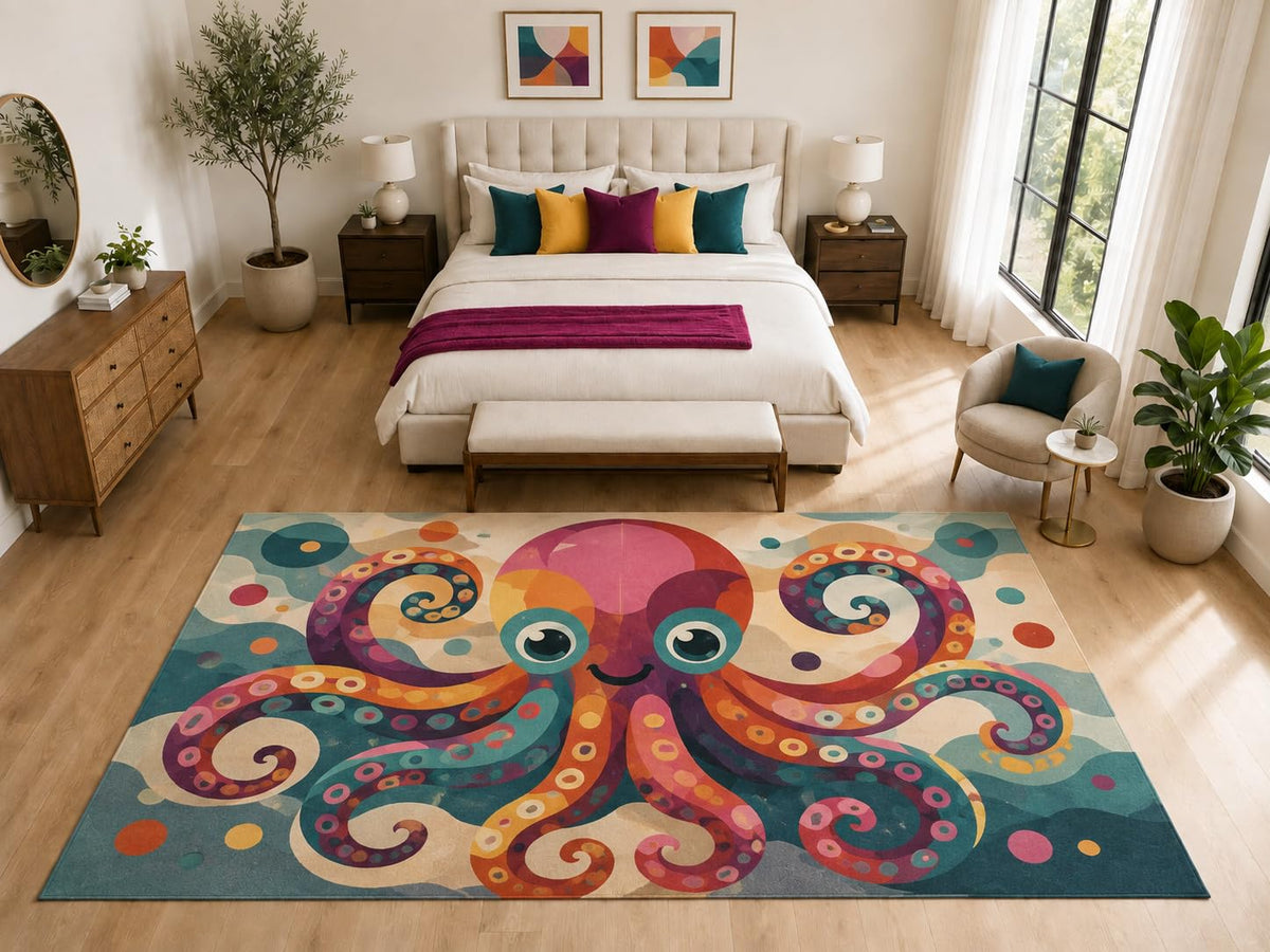 ICE ARMOR "Ultra Light Weight Large 6'7" x 9'10" Cute Cartoon Octopus Rug, Soft Low Pile Indoor Rug, Non-Slip Silicone Backing for Kids Room Teal