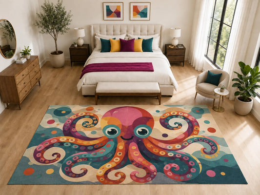 ICE ARMOR "Ultra Light Weight Large 6'7" x 9'10" Cute Cartoon Octopus Rug, Soft Low Pile Indoor Rug, Non-Slip Silicone Backing for Kids Room Teal