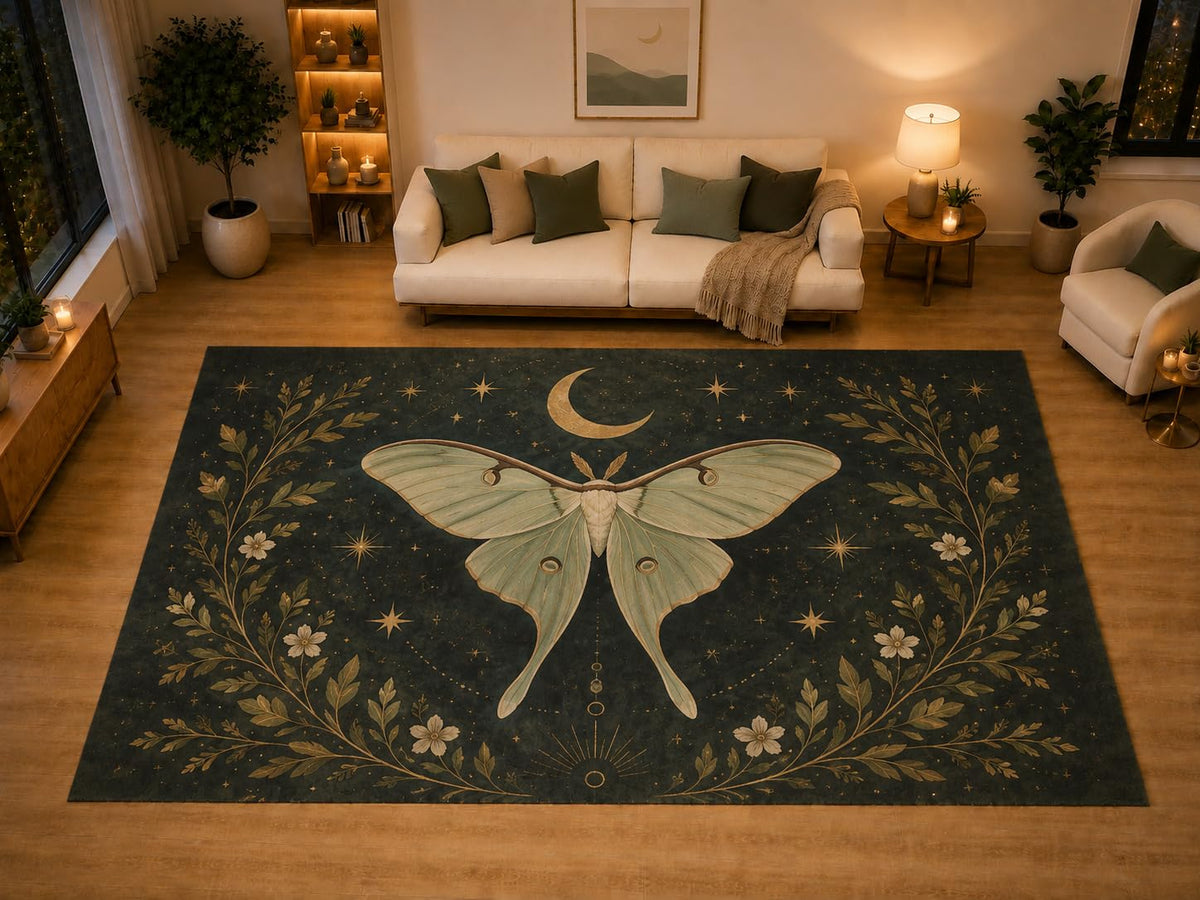 ICE ARMOR "Ultra Light Weight Large 6'7" x 9'10" Luna Moth Crescent Moon Area Rug for Living Room Bedroom, Soft Low Pile Non-Slip Backing, Dark Green Botanical Celestial Decor