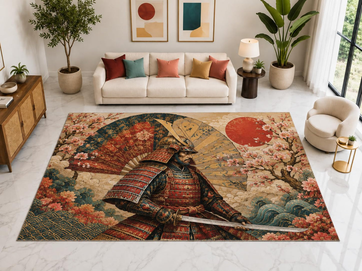 ICE ARMOR "Ultra Light Weight Large 6'7" x 9'10" Samurai Fan Blossom Rug, Soft Low Pile Indoor Rug, Non-Slip Silicone Backing for Living Room Beige