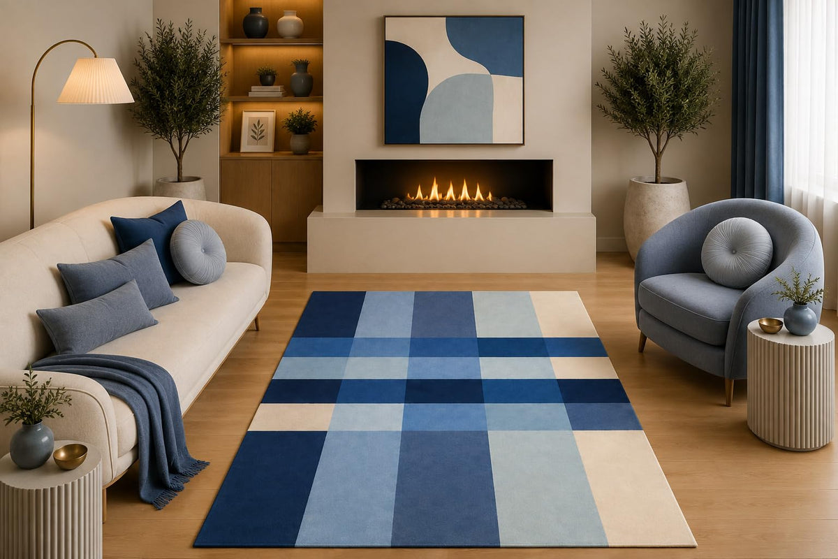 ICE ARMOR 5' x 7' Modern Geometric Area Rug Navy Blue Light Blue Cream Plaid Color Block Design for Living Room Bedroom Dining Room Non-Slip Silicone Backing Low Pile