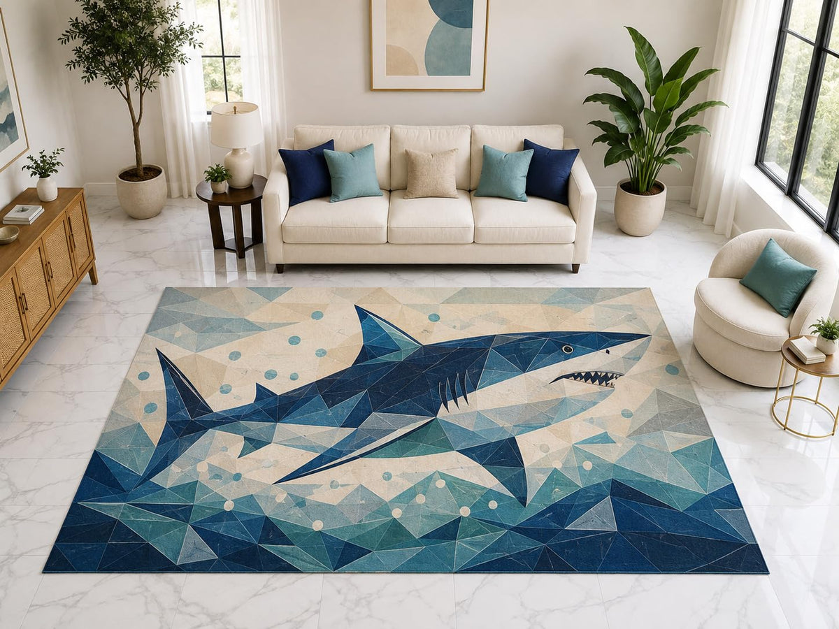 ICE ARMOR "Ultra Light Weight Large 6'7" x 9'10" Geometric Shark Ocean Rug, Soft Low Pile Indoor Rug, Non-Slip Silicone Backing for Kids Room Blue