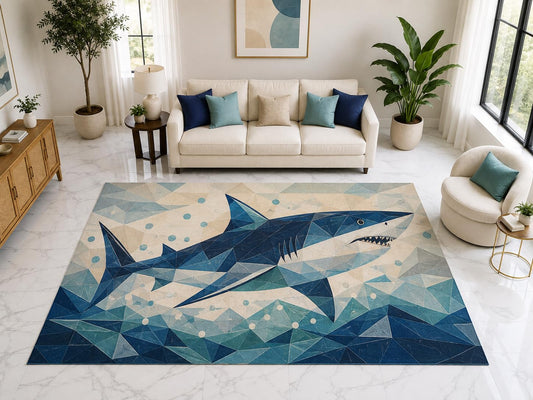 ICE ARMOR "Ultra Light Weight Large 6'7" x 9'10" Geometric Shark Ocean Rug, Soft Low Pile Indoor Rug, Non-Slip Silicone Backing for Kids Room Blue