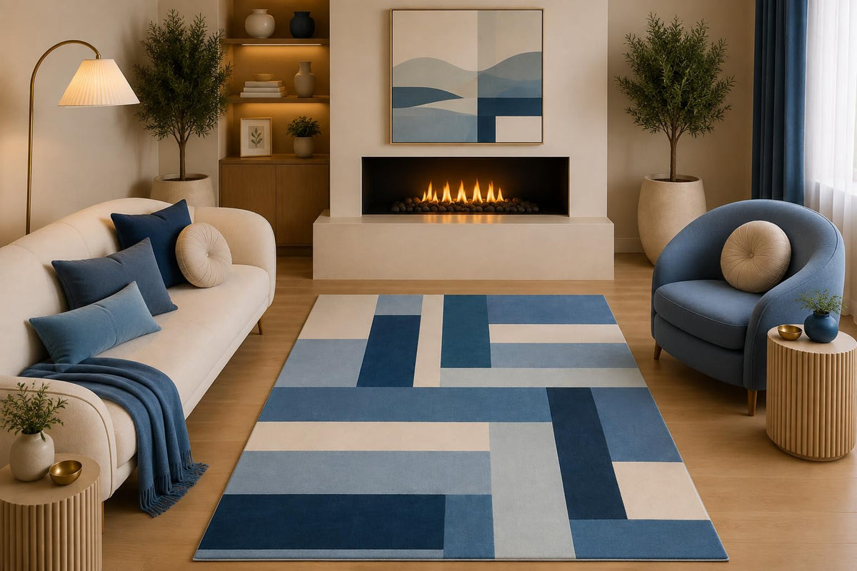 ICE ARMOR 5' x 7' Modern Geometric Area Rug Navy Blue Sky Blue Cream Linear Color Block Design for Living Room Bedroom Dining Room Non-Slip Silicone Backing Low Pile