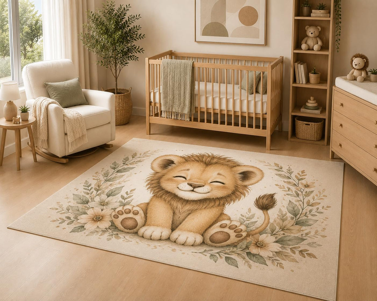 ICE ARMOR 5' x 7' Smiling Baby Lion Area Rug, Soft Low Pile Indoor Rug with Non-Slip Silicone Backing, Cute Safari Animal Carpet for Baby Room, Nursery, Kids Room, Playroom, Beige Brown