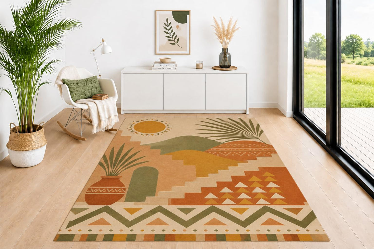 ICE ARMOR 5' x 7' Tribal Desert Area Rug, Geometric Sun Palm Leaf Pottery Pattern in Sage Green Terracotta Mustard, Floor Carpet for Living Room Bedroom Office