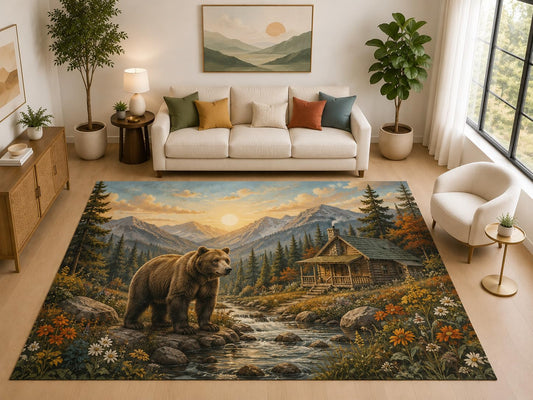 ICE ARMOR "Ultra Light Weight Large 6'7" x 9'10" Bear Creek Cabin Rug for Living Room, Soft Low Pile Indoor Rug and Non-Slip Silicone Backing, Brown