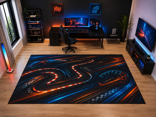 ICE ARMOR "Ultra Light Weight Large 6'7" x 9'10" Racing Track Speedometer Area Rug for Kids Room Playroom, Soft Low Pile Indoor Rug and Non-Slip Silicone Backing, Black