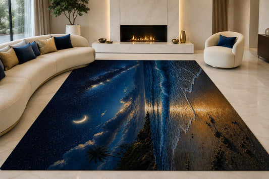 ICE ARMOR "Ultra Lightweight Large 6'7" x 9'10" Moonlit Tropical Shore Area Rug for Living Room, Bedroom and Home Office, Soft Low Pile Carpet with Non-Slip Silicone Backing, Navy and Amber