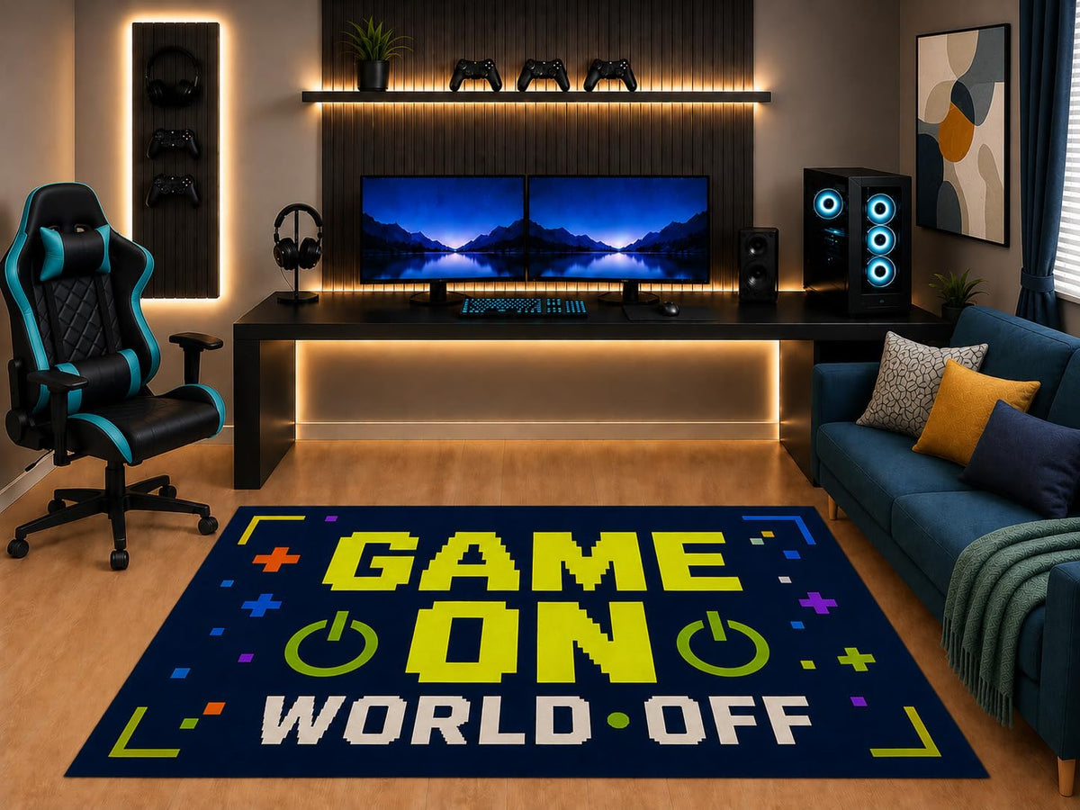 ICE ARMOR "Ultra Light Weight 5' x 7' Game On World Off Area Rug Pixel Arcade Graphic for Boys Teen Bedroom Gaming Room Playroom Non-Slip Silicone Backing Low Pile