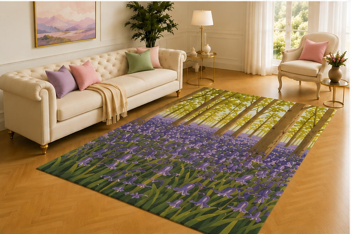ICE ARMOR 5' x 7' Bluebell Woodland Rug, Indigo Bell Flowers Spreading Beneath Tall Trunks and Fresh Canopy, Tranquil Groundpiece for Cabin, Study Zone or Rest Area