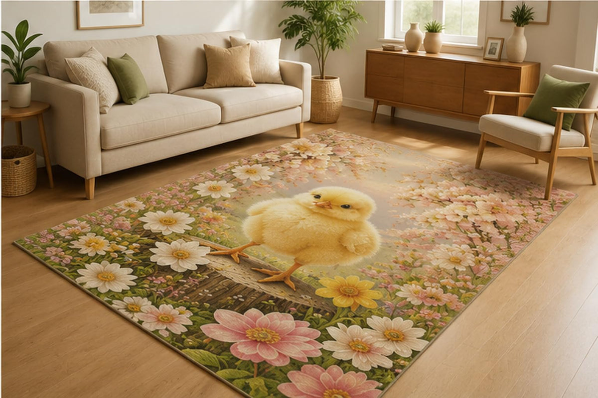 ICE ARMOR 5' x 7' Spring Chick Daisy Garden Area Rug for Living Room, Soft Low Pile Indoor Rug with Non-Slip Silicone Backing, Floral Carpet for Nursery, Kids Room, Kids & Pets, Yellow Pink White