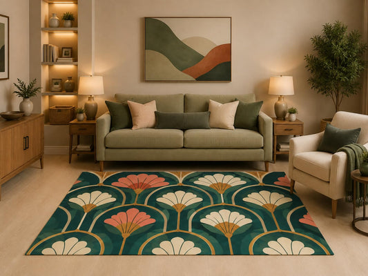 ICE ARMOR 5' x 7' Art Deco Floral Pattern Area Rug Vintage Fan Shell Geometric Botanical Design for Living Room Bedroom Dining Room Entryway Non-Slip Silicone Backing Low Pile