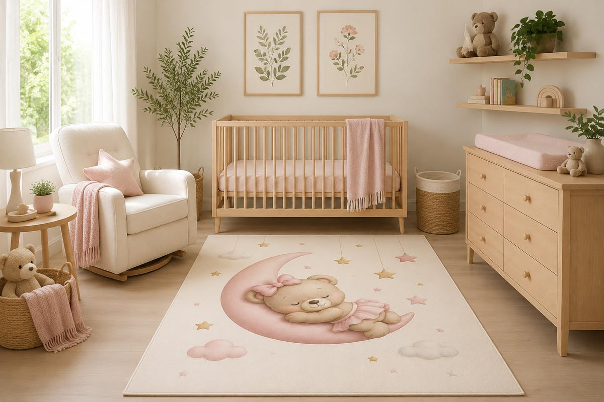 ICE ARMOR 5' x 7' Sleeping Teddy Bear Moon Area Rug, Cute Pink Nursery Baby Girl Bedroom Playroom Decor, Non-Slip Silicone Backing Low Pile Indoor Carpet