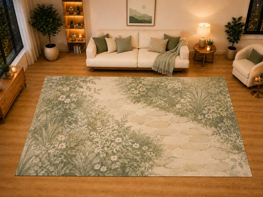 ICE ARMOR "Ultra Light Weight Large 6'7" x 9'10" Cottage Garden Path Area Rug for Living Room, Bedroom, Dining Room, Soft Low Pile Non-Slip Backing, Sage Ivory