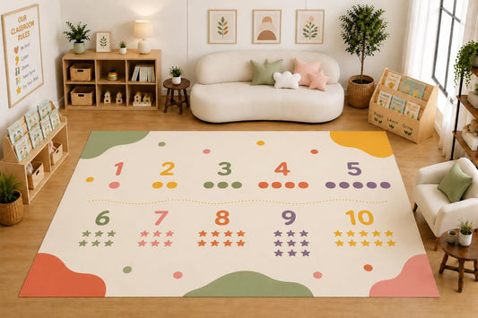 ICE ARMOR Large 6'7" x 9'10" Numbers and Counting Shapes Area Rug for Kids Room, Classroom, Bedroom, Playroom Decor, Soft Low Pile Indoor Rug with Non-Slip Silicone Backing, Cream Multicolor