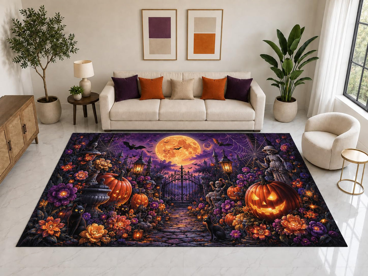 ICE ARMOR "Ultra Light Weight Large 6'7" x 9'10" Pumpkin Garden Black Cat Rug, Soft Low Pile Indoor Rug, Non-Slip Silicone Backing for Family Room Purple