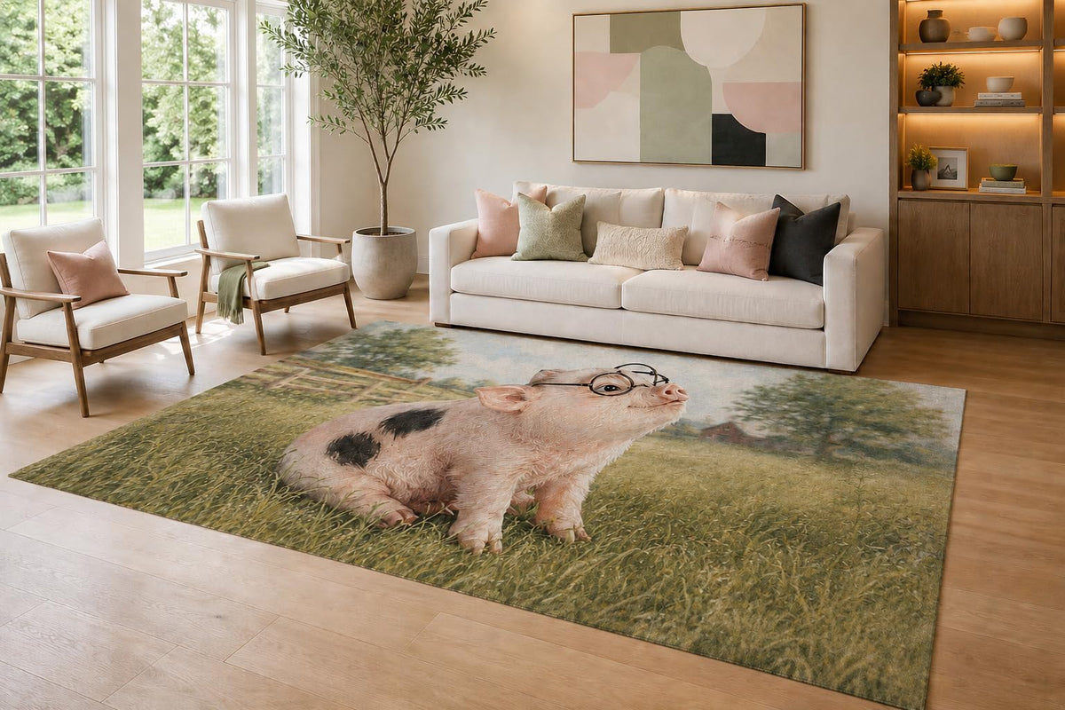 ICE ARMOR Large 6'7" x 9'10" Pink and Green Glasses Pig Area Rug for Living Room, Soft Low Pile Carpet with Non-Slip Silicone Backing, Decor for Bedroom and Home Office