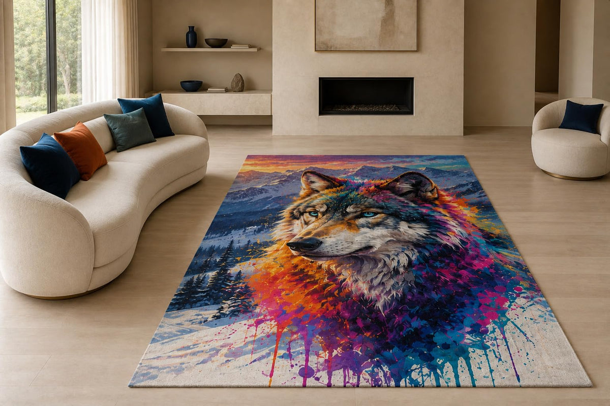 ICE ARMOR "Ultra Lightweight Large 6'7" x 9'10" Colorful Wolf Profile Area Rug for Living Room, Bedroom and Home Office, Soft Low Pile Carpet with Non-Slip Silicone Backing, Orange and Blue