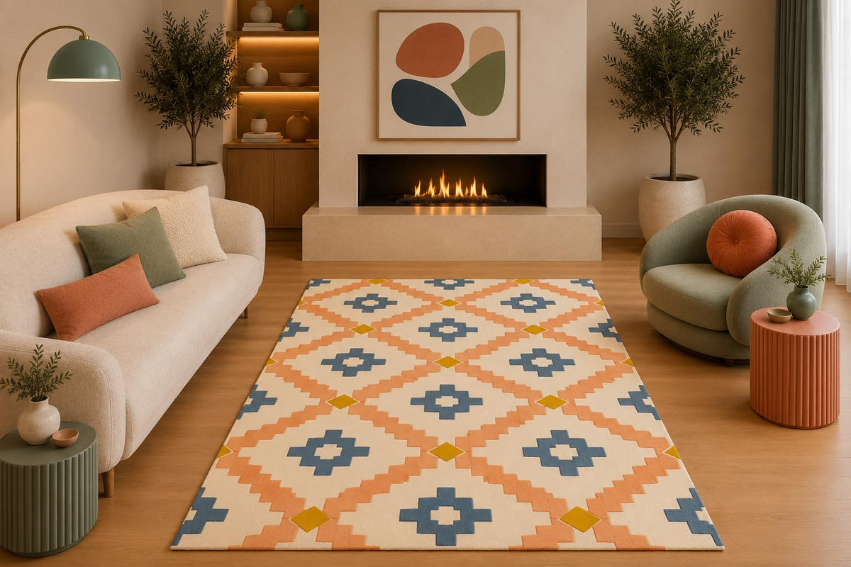 ICE ARMOR 5' x 7' Southwestern Geometric Area Rug Tribal Diamond Lattice Pattern Cream Peach Blue Mustard for Living Room Bedroom Dining Room Non-Slip Silicone Backing Low Pile