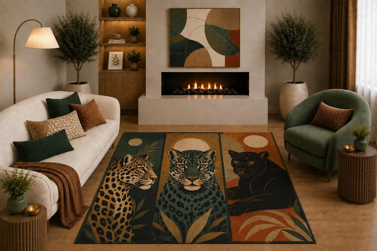 ICE ARMOR "Ultra Light Weight 5' x 7' Leopard Jaguar Panther Area Rug Boho Triptych Big Cat Wildlife Art for Living Room Bedroom Office Non-Slip Silicone Backing Low Pile