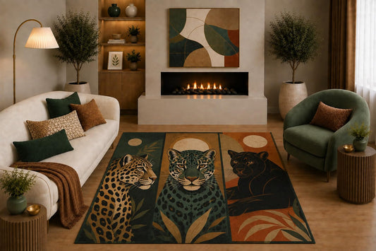 ICE ARMOR "Ultra Light Weight 5' x 7' Leopard Jaguar Panther Area Rug Boho Triptych Big Cat Wildlife Art for Living Room Bedroom Office Non-Slip Silicone Backing Low Pile