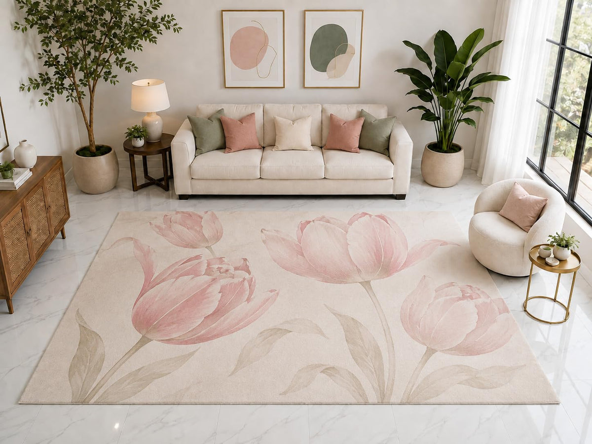 ICE ARMOR "Ultra Light Weight Large 6'7" x 9'10" Pink Tulip Floral Rug, Soft Low Pile Indoor Rug, Non-Slip Silicone Backing for Bedroom Pink Cream