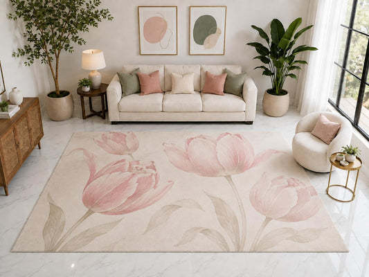 ICE ARMOR "Ultra Light Weight Large 6'7" x 9'10" Pink Tulip Floral Rug, Soft Low Pile Indoor Rug, Non-Slip Silicone Backing for Bedroom Pink Cream